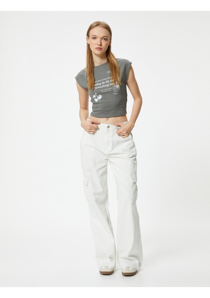 Crop Tişört Baskılı Kısa Kollu Bisiklet Yaka Pamuklu Slim Fit