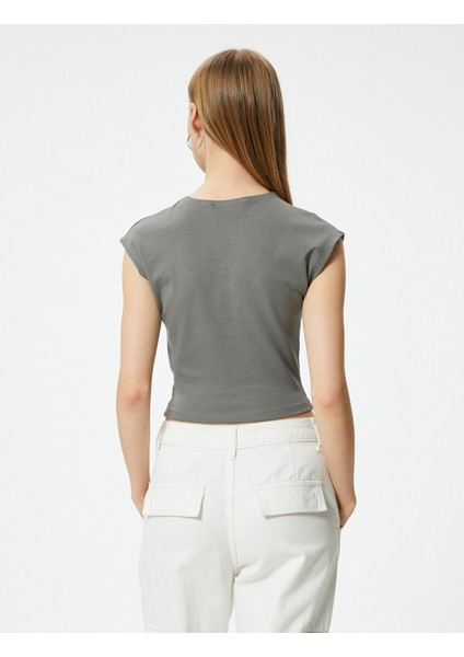 Crop Tişört Baskılı Kısa Kollu Bisiklet Yaka Pamuklu Slim Fit