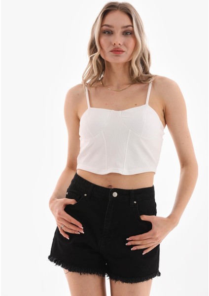 Kadın Ip Askılı Crop Bluz