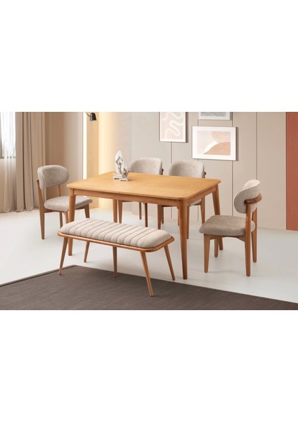 Ahşap Salon Yemek Masa Sandalye Takımı Ortadan Açılır Büyüyen 4 Sandalye 1 Bench