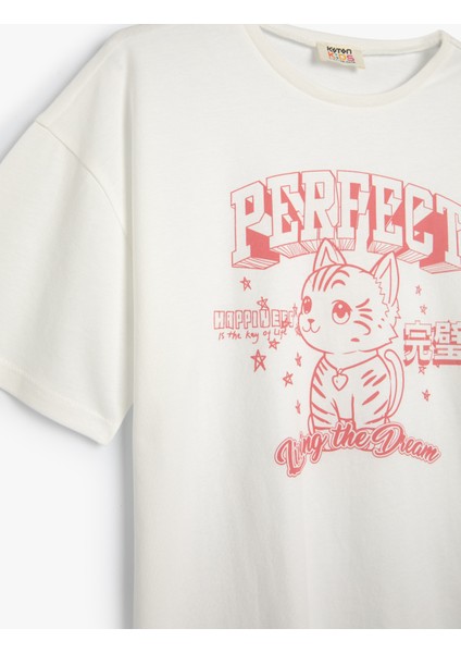 Tişört Kedi Baskılı Bisiklet Yaka Kısa Kollu Pamuklu modelleri