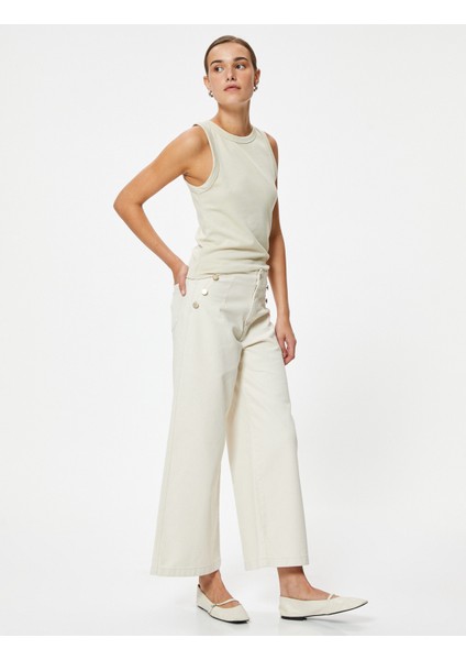 Crop Geniş Paça Kot Pantolon Yüksek Bel Düğmeli - Bianca Wide Leg Jean