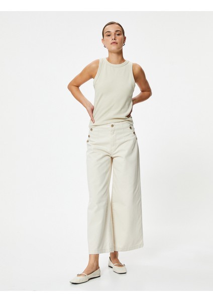 Crop Geniş Paça Kot Pantolon Yüksek Bel Düğmeli - Bianca Wide Leg Jean fiyatları