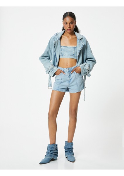 Mini Kot Şort Nervürlü Düğmeli Relax Fit Normal Bel