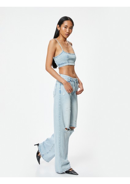 Geniş Paça Yırtık Kot Pantolon Standart Bel Düğmeli - Bianca Wide Leg Jean