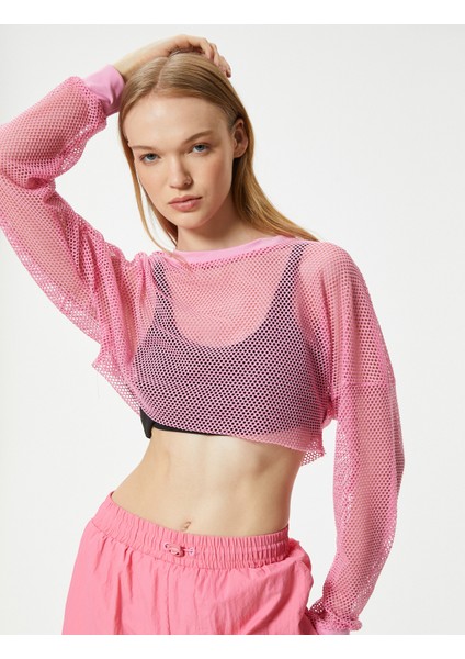 Oversize File Spor Tişört Crop Uzun Kollu Bisiklet Yaka