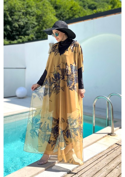Remsa Tesettür Mayo Üzerine Desenli Tek Kaftan Pareo 430-310 Kelebek