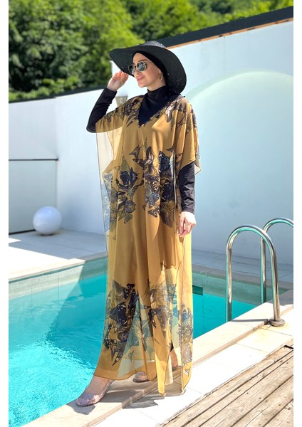 Remsa Tesettür Mayo Üzerine Desenli Tek Kaftan Pareo 430-310 Kelebek modelleri