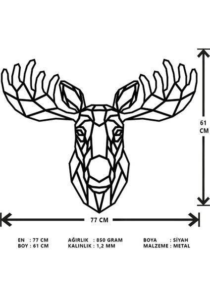 Geyik Metal Duvar Tablosu 60X47cm Siyah