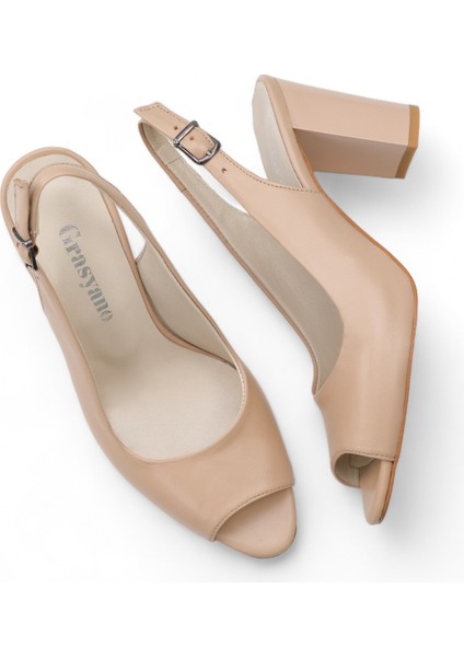 Hakiki Deri Topuklu Sandalet Nude Pudra Pembe - 7,5 Cm Kalın Topuk Yuvarlak Burun - El İşçiliği Premium Yumuşak Deri GRS051-PM