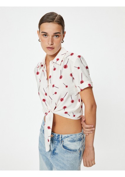 Lolipop Baskılı Crop Gömlek Bağlama Detaylı Kısa Kollu