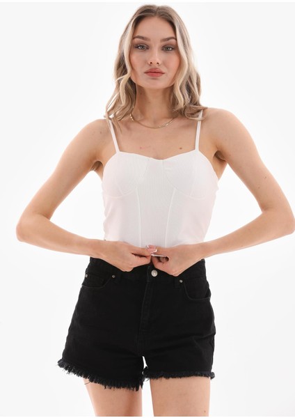 Kadın Ip Askılı Crop Bluz