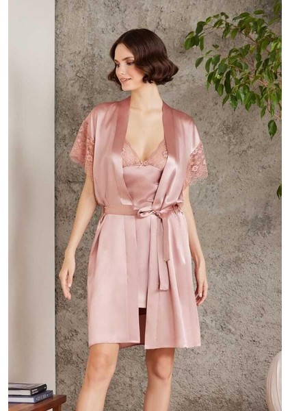 Saten Dantelli Gecelik Sabahlık Takım 4438 Brndy