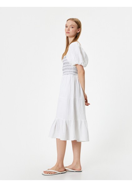 Balon Kol Poplin Elbise Midi Nakışlı Kare Yaka fiyatları