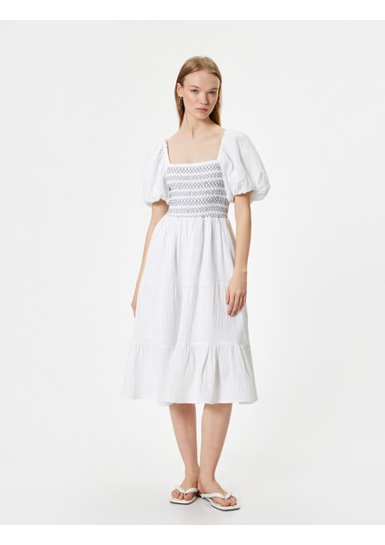 Balon Kol Poplin Elbise Midi Nakışlı Kare Yaka modelleri