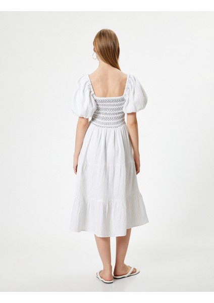 Balon Kol Poplin Elbise Midi Nakışlı Kare Yaka fırsatları