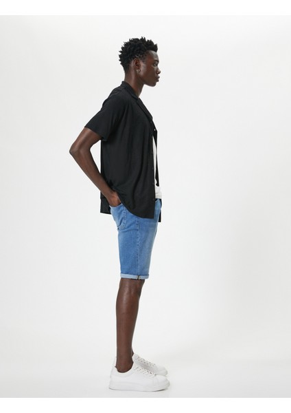 Slim Fit Kot Şort Bermuda Düğmeli Cep Detaylı