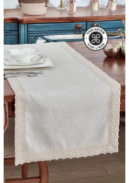 Keten Pamuk Dantelli Runner 50X130 cm Linen Kumaş Masa Örtüsü Sehpa Leke Tutmaz Mutfak Bej