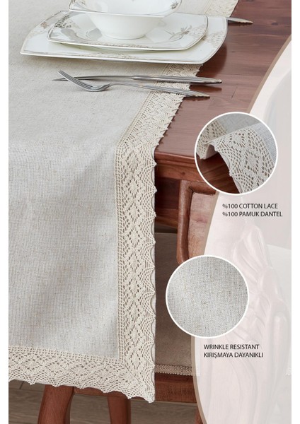 Keten Pamuk Dantelli Runner 50X130 cm Linen Kumaş Masa Örtüsü Sehpa Leke Tutmaz Mutfak Bej