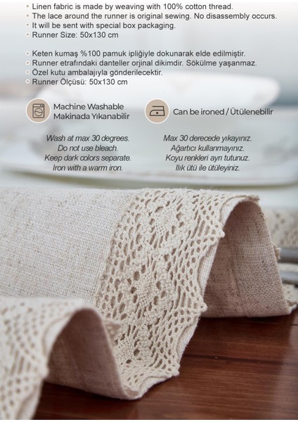 Keten Pamuk Dantelli Runner 50X130 cm Linen Kumaş Masa Örtüsü Sehpa Leke Tutmaz Mutfak Bej
