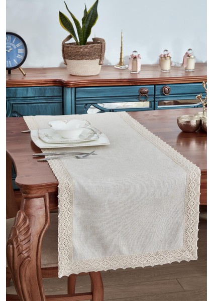 Keten Pamuk Dantelli Runner 50X130 cm Linen Kumaş Masa Örtüsü Sehpa Leke Tutmaz Mutfak Bej