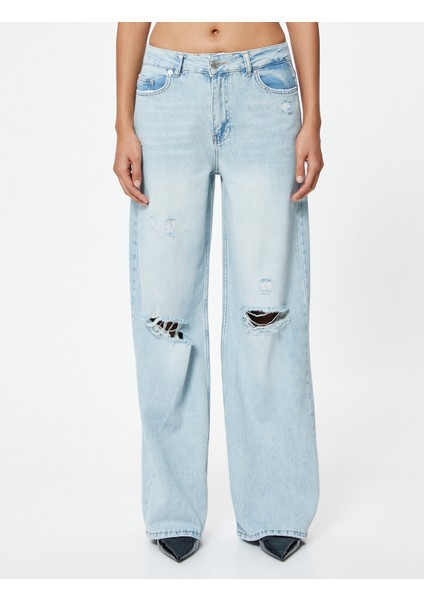 Geniş Paça Yırtık Kot Pantolon Standart Bel Düğmeli - Bianca Wide Leg Jean modelleri