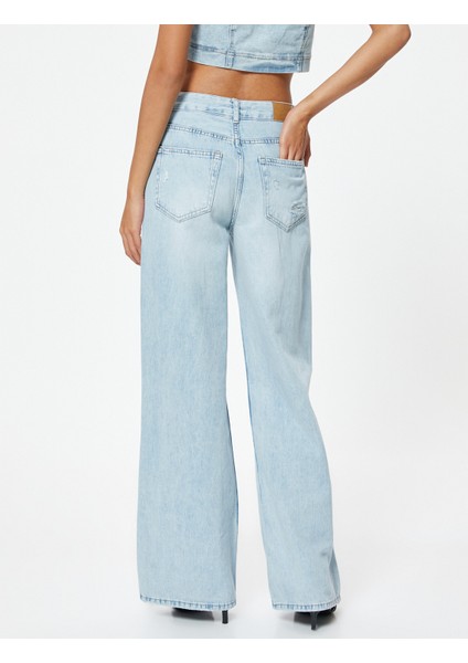 Geniş Paça Yırtık Kot Pantolon Standart Bel Düğmeli - Bianca Wide Leg Jean fırsatları