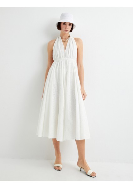 Halter Yaka Fisto Elbise Astarlı Midi Boy A Kesim