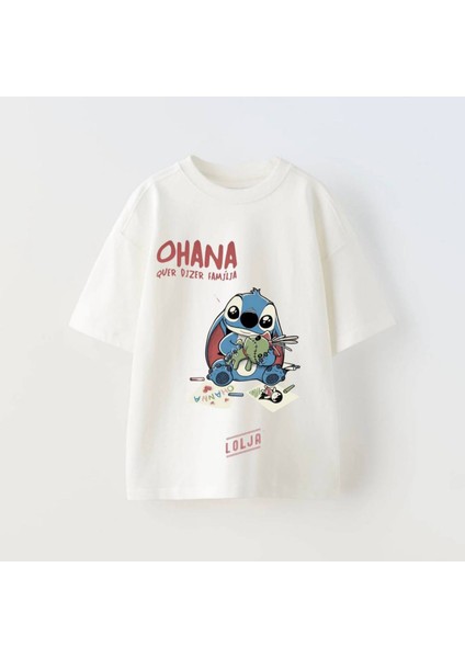 Bisiklet Yaka Stitch Baskılı Kısa Kollu Kız Çocuk Tişört