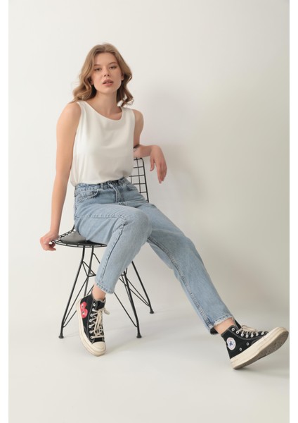 Yüksek Bel Mom Jean %100 Pamuk Denim Pantolon Mavi