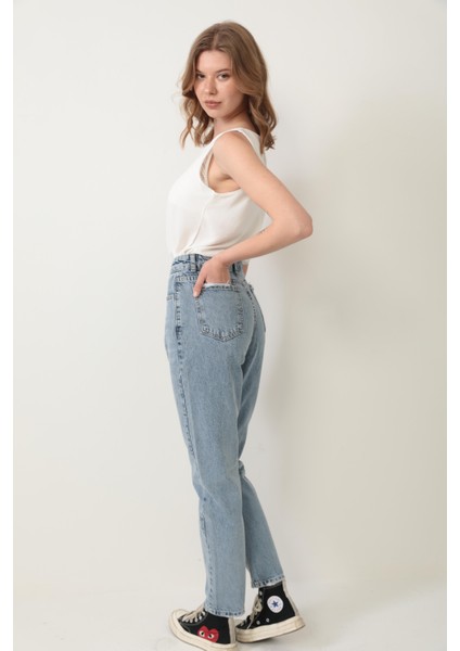 Yüksek Bel Mom Jean %100 Pamuk Denim Pantolon Mavi indirimleri