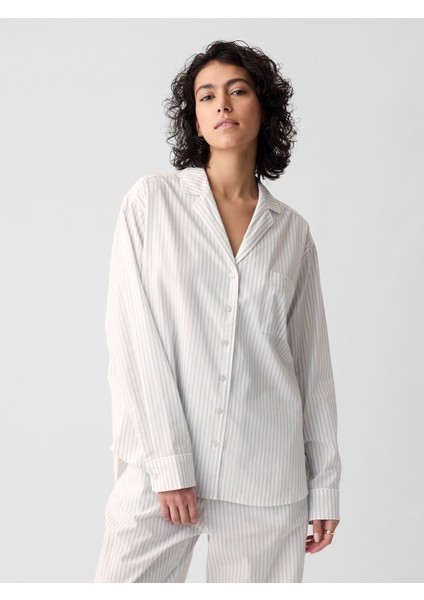 Kadın Gri Desenli Poplin Pijama Üstü
