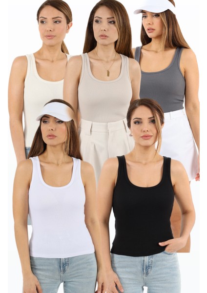 Kadın Cotton Premium 5’li Set Bej, Krem, Beyaz, Antrasit, Siyah Pamuklu Basic Fitilli Atlet fiyatları