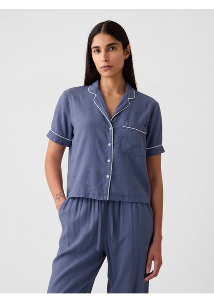 Kadın Koyu Mavi Keten Karışımlı Pijama Üstü