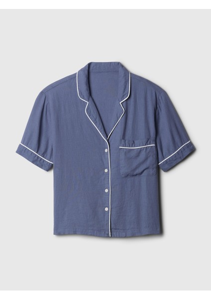 Kadın Koyu Mavi Keten Karışımlı Pijama Üstü