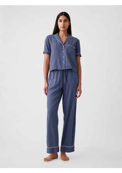 Kadın Koyu Mavi Keten Karışımlı Pijama Üstü