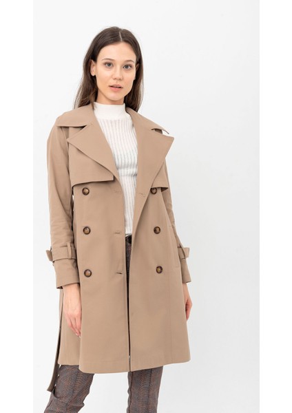 %100 Pamuk Gabardin Midi (95CM) Astarlı Kemerli Kadın Trençkot 1113 modelleri