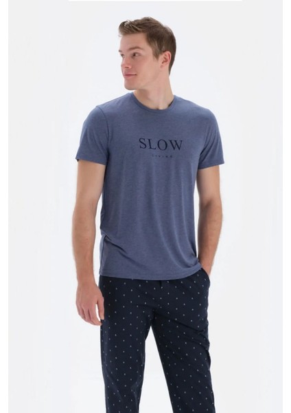 33020 Erkek Indigo Yuvarlak Yaka Kısa Kollu Pijama Takımı