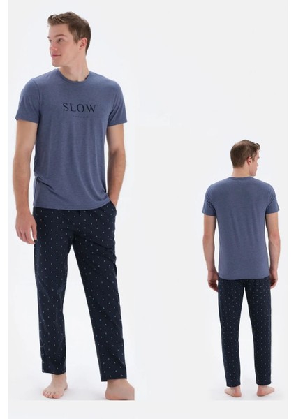 33020 Erkek Indigo Yuvarlak Yaka Kısa Kollu Pijama Takımı