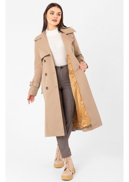 %100 Pamuk Gabardin Uzun (110CM) Astarlı Kemerli Kadın Trençkot 1111 fiyatları