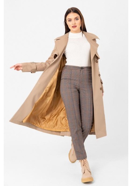 %100 Pamuk Gabardin Uzun (110CM) Astarlı Kemerli Kadın Trençkot 1111 modelleri