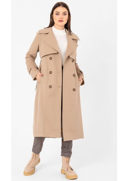 %100 Pamuk Gabardin Uzun (110CM) Astarlı Kemerli Kadın Trençkot 1111 fırsatları