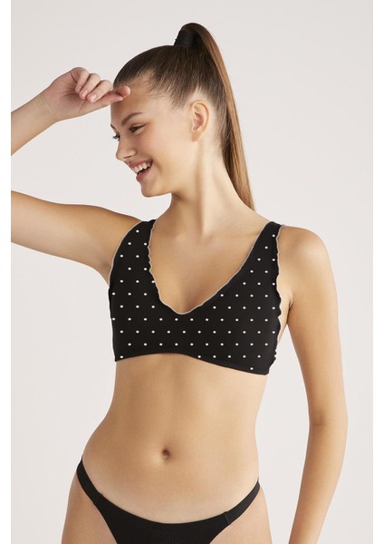 Polka Puantiyeli Fırfırlı Sütyen Siyah