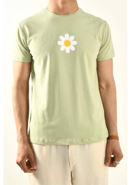 Mint Yeşili Papatya Nakış Detaylı Bisiklet Yaka T Shirt fiyatları