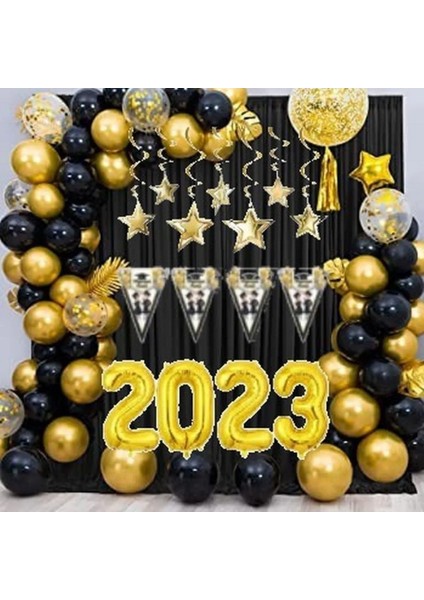 Gold Siyah Balon Zincir Seti Mezuniyet Süsleri Balon Seti Folyo Balonlu