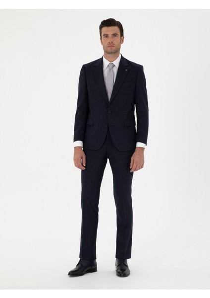 Erkek Lacivert Slim Fit Mikro Desenli Mono Yaka Yün Karışımlı Takım Elbise 50272937-VR033