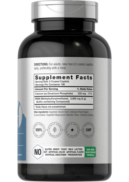 Horbäach Msm Supplement | 3000MG | 300 Coated Caplets | Methylsulfonylmethane With Calcium | Vegetarian Non-Gmo Gluten Free