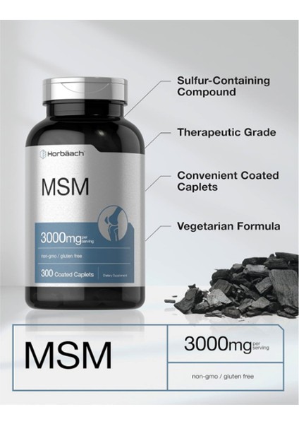 Horbäach Msm Supplement | 3000MG | 300 Coated Caplets | Methylsulfonylmethane With Calcium | Vegetarian Non-Gmo Gluten Free