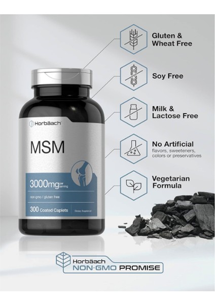 Horbäach Msm Supplement | 3000MG | 300 Coated Caplets | Methylsulfonylmethane With Calcium | Vegetarian Non-Gmo Gluten Free