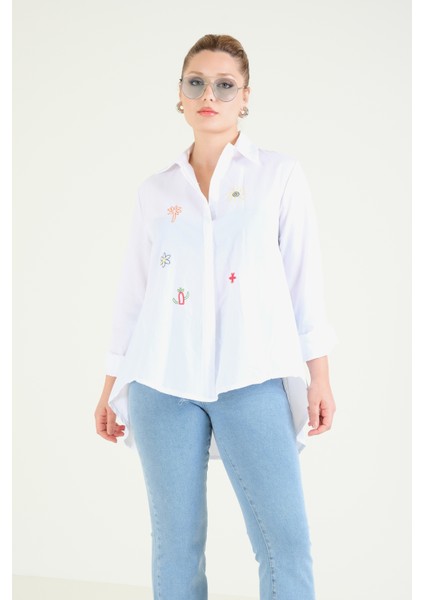 Kadın Oversize Işlemeli Gömlek Beyaz modelleri